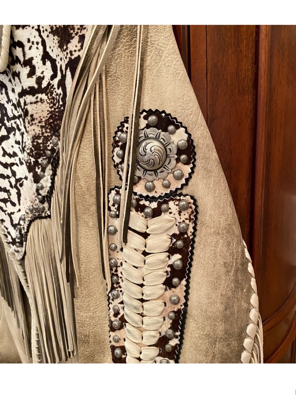 Fringed Leather Jacket with Animal Print Accents - Beige/Brown - Picture 4 of 4